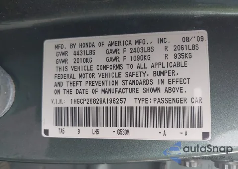 2009 Honda Accord 2.4 Ex-L from USA, damaged, VIN 1HGCP26829A196257
